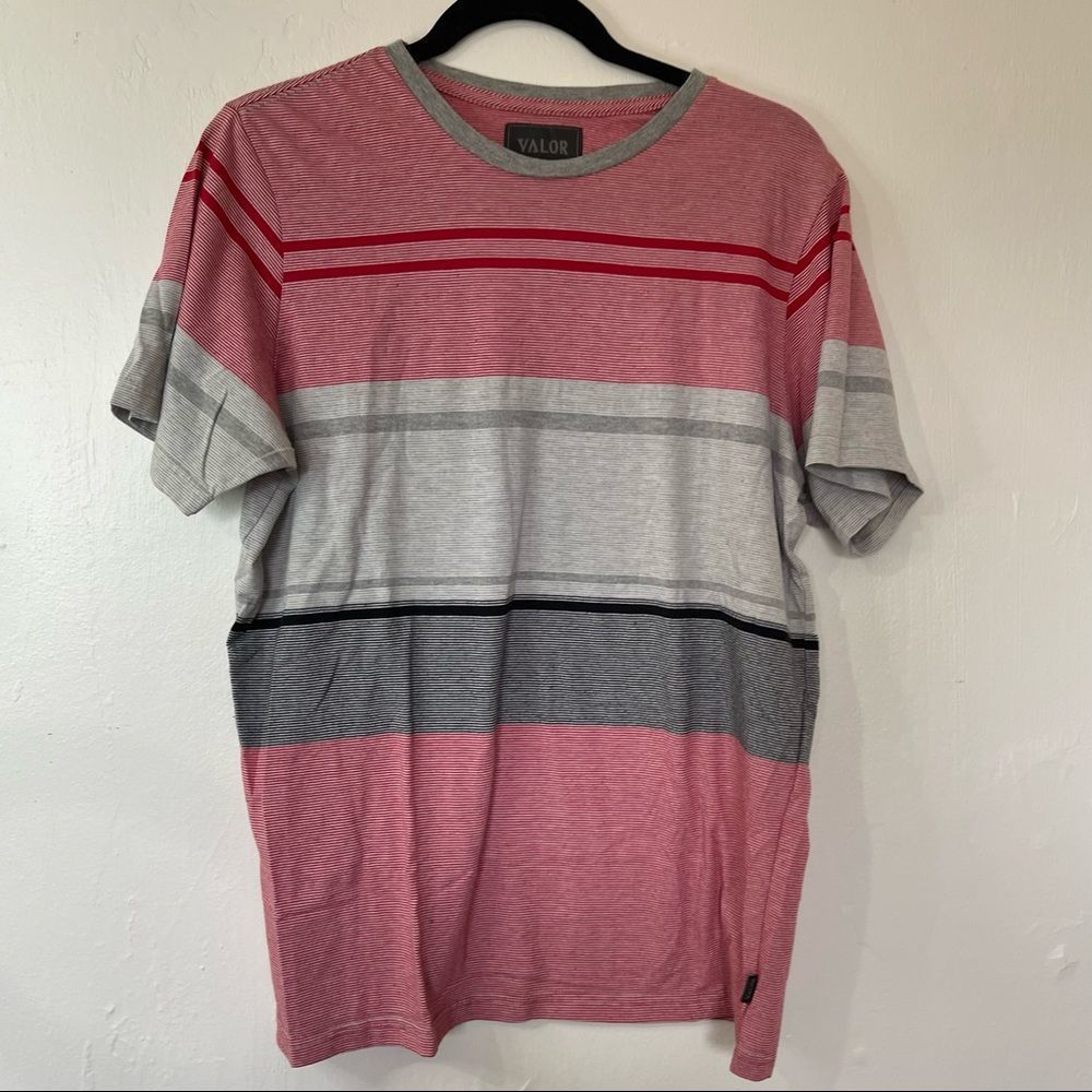 Valor Mens Striped Red, White & Gray Tee Shirt